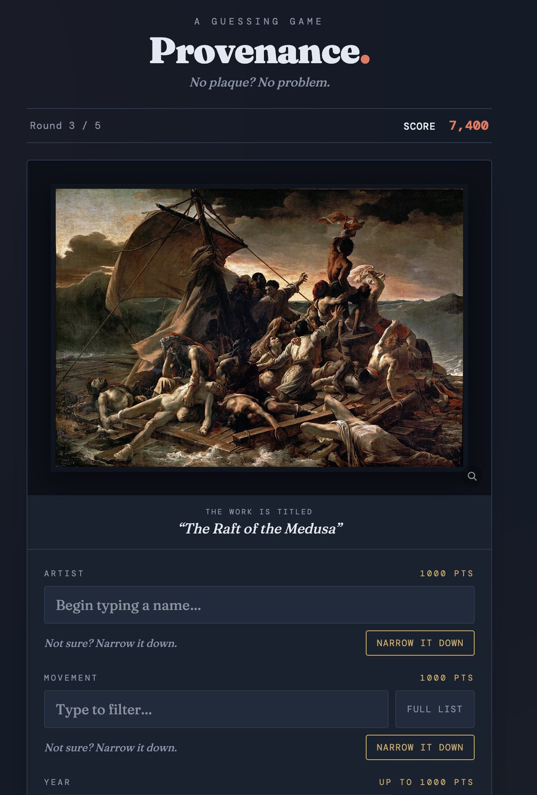 A round of Provenance showing The Raft of the Medusa